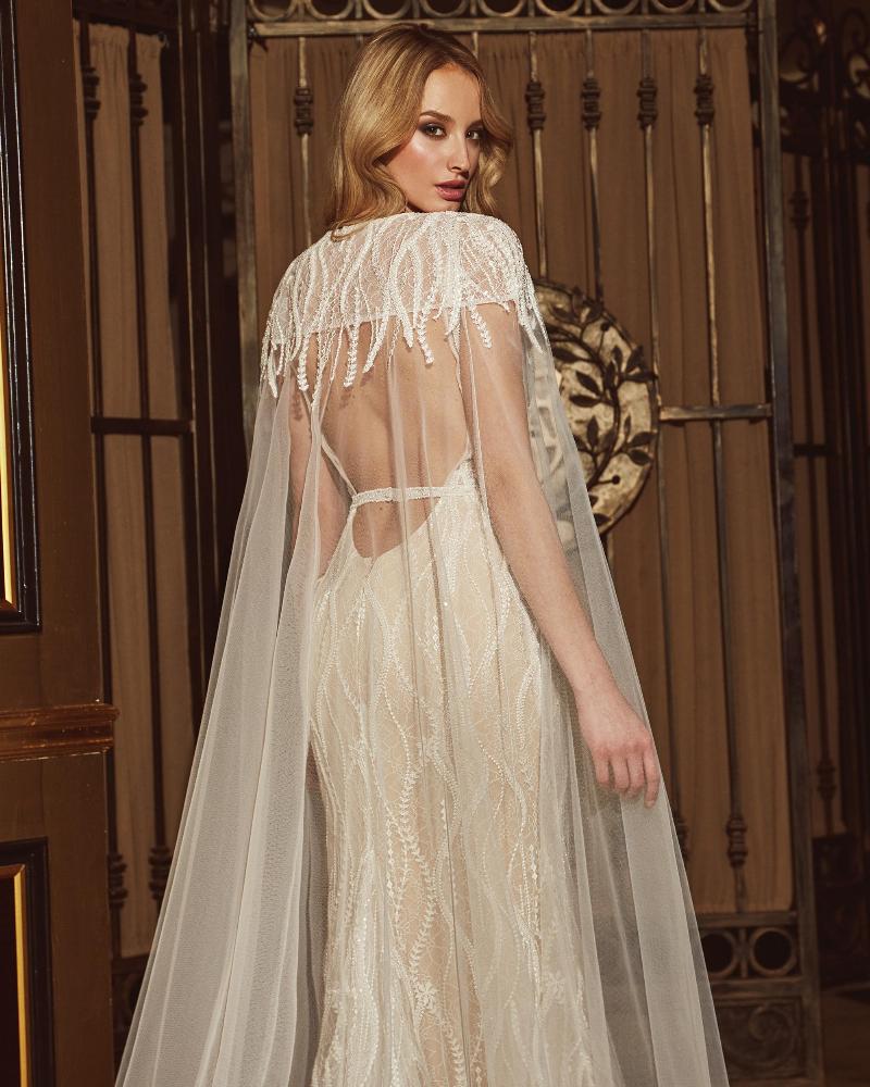 18247 vintage lace wedding dress with cape and plunging v neckline4